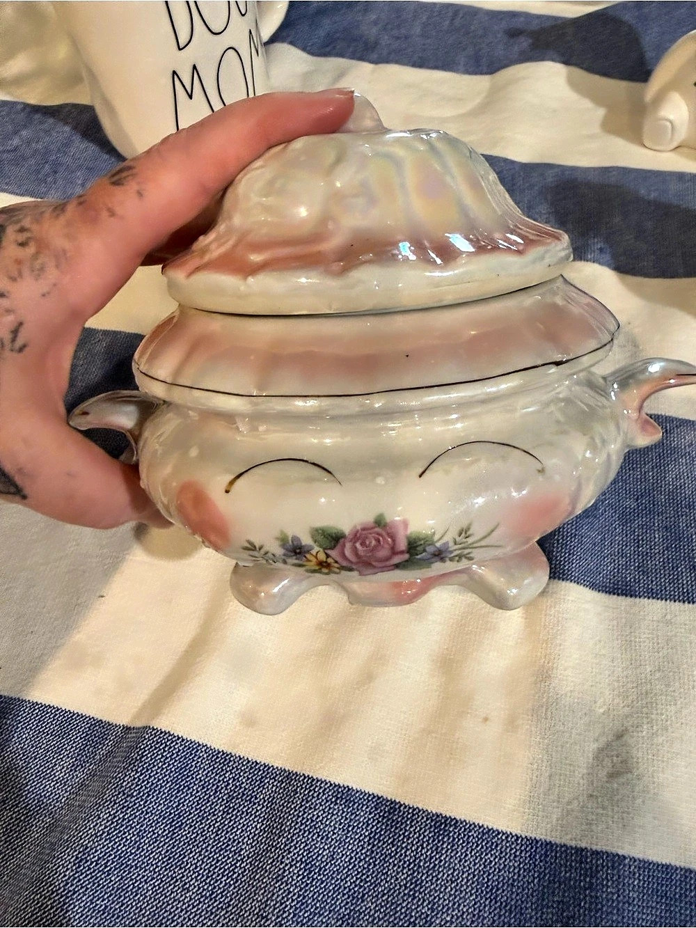 vintage pink iridescent lusterware footed tureen featuring a delicate rose flora